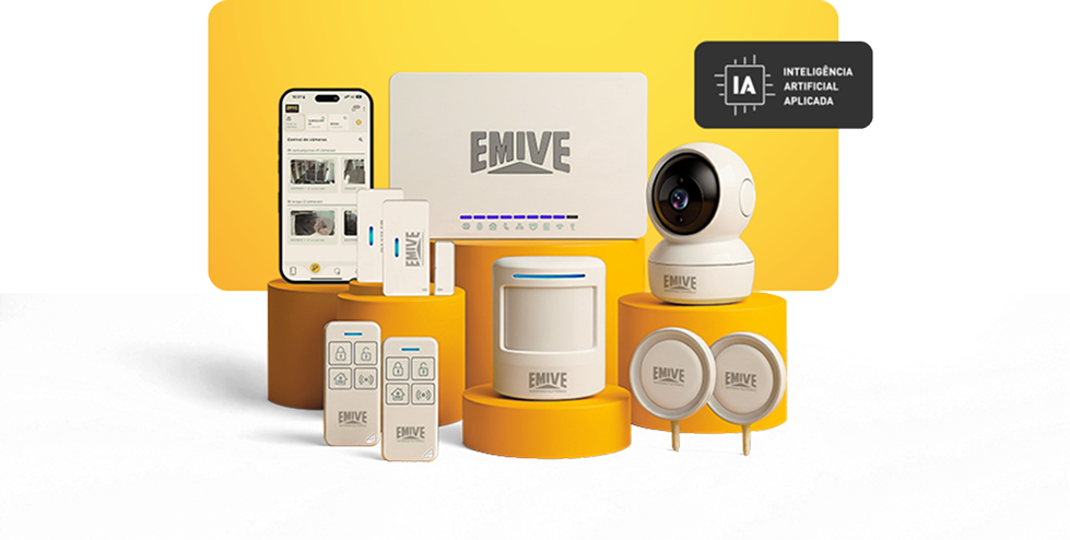 Kit do Sistema Smart Emive: central, câmera, sensores, controles e aplicativo